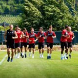 Les joueurs valaisans au pas de course sous la conduite du préparateur physique Stéphane Troillet.
